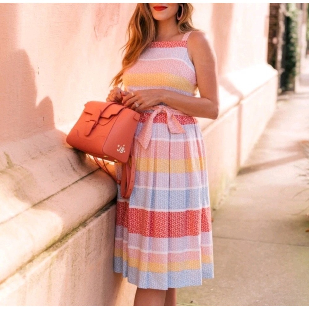 Gal Meets Glam Blake Linen Blend Striped Bow Tie Dress Pleated Size 6 Retro - Picture 1 of 11